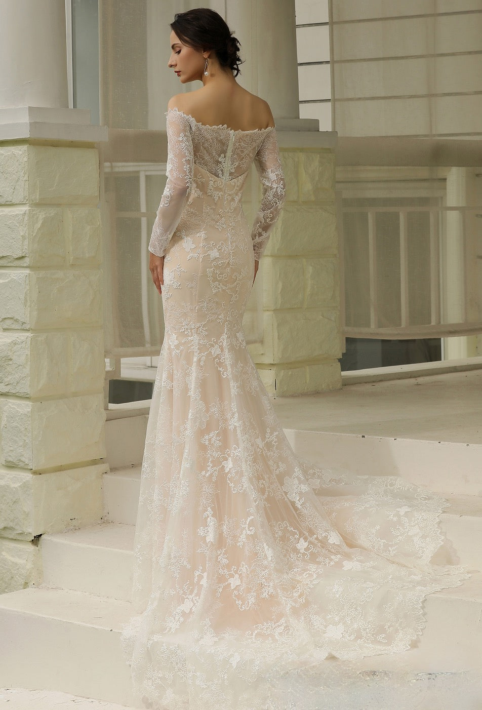 Wedding Dress Off-the-Shoulder Sheath with Illusion Lace