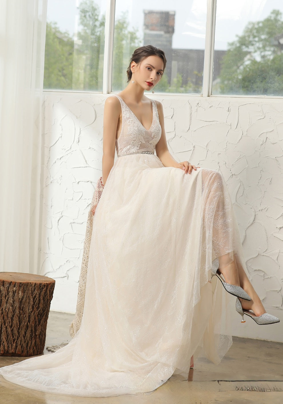 Wedding Dress Lace A Line With Beaded Belt