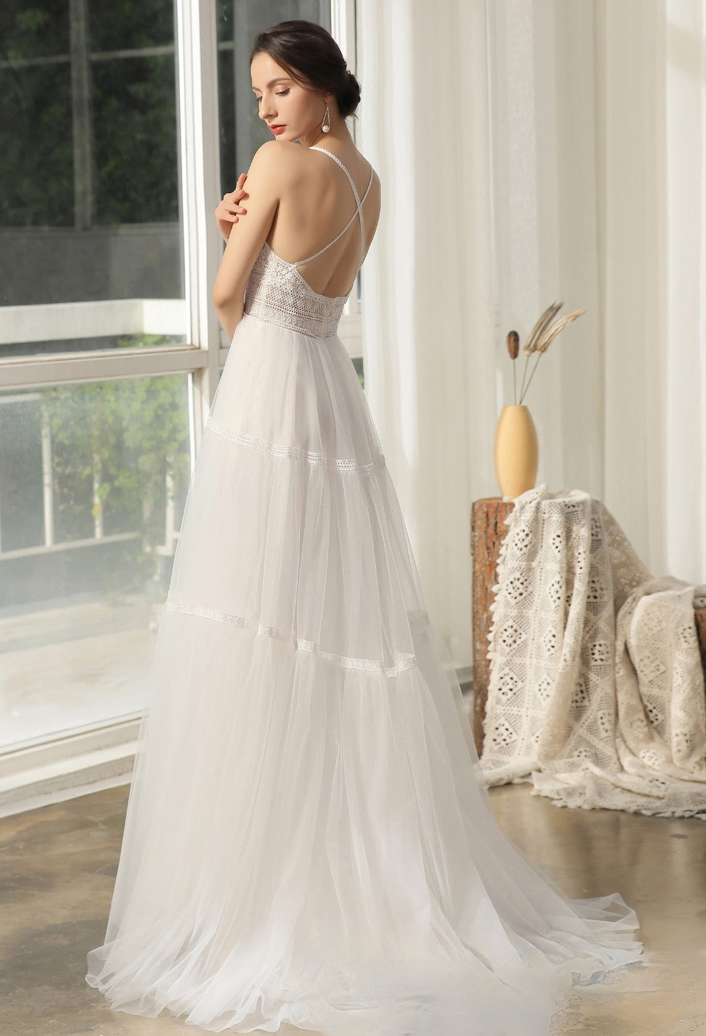 Wedding Dress Bohemian Lace With Criss Cross Back A Line 