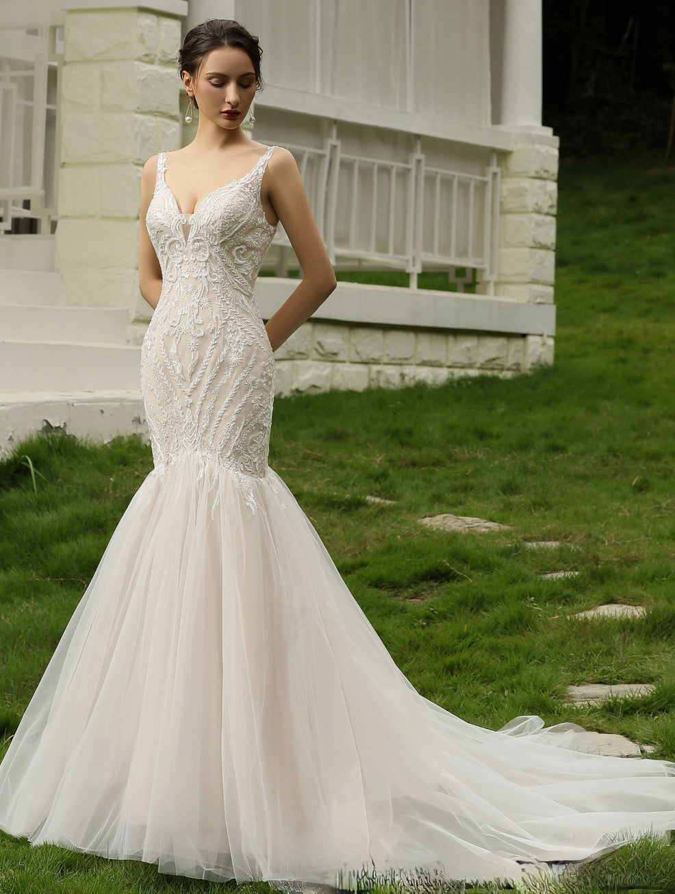 Wedding Dress Beaded Lace Trumpet Tulle A Line Gown