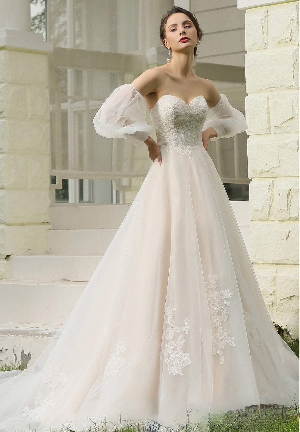 Wedding Dress A-Line Strapless With Detachable Bishop Sleeve