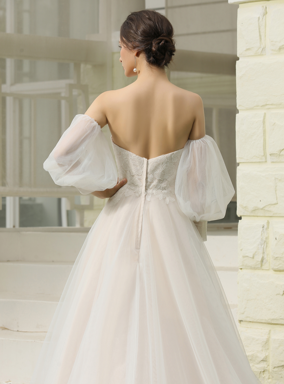 Wedding Dress A-Line Strapless With Detachable Bishop Sleeve