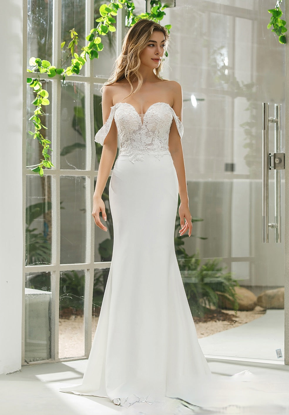 Wedding Dress Crepe Satin Bridal Gown With Lace Illusion Bodice, Effortlessly elegant, the illusion bodice adored with beautiful floral lace