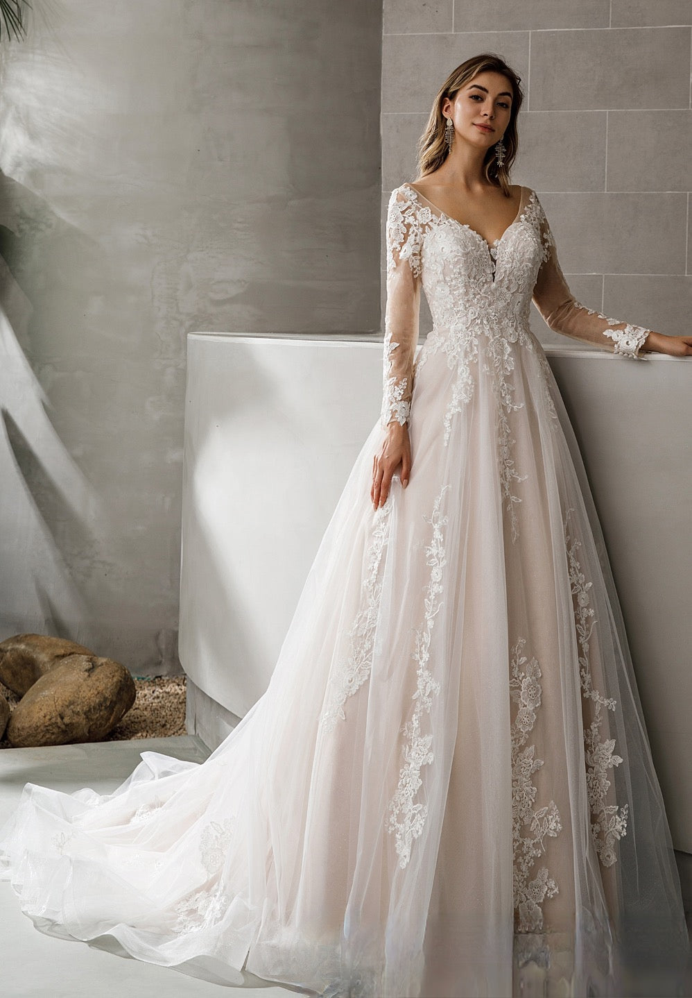 Wedding Dress Lace Satin A Line Bridal Gown With Glitter Tulle, Classic pink nude princess a-line gown with long, tattoo sleeves and an elegant V-nec
