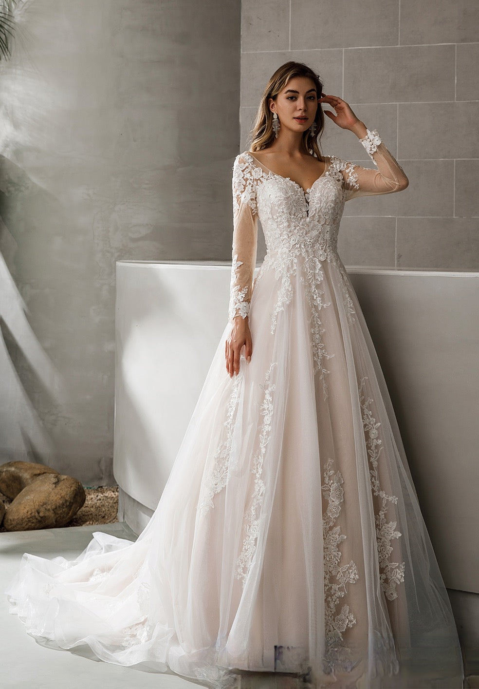 Wedding Dress Lace Satin A Line Bridal Gown With Glitter Tulle, Classic pink nude princess a-line gown with long, tattoo sleeves and an elegant V-nec