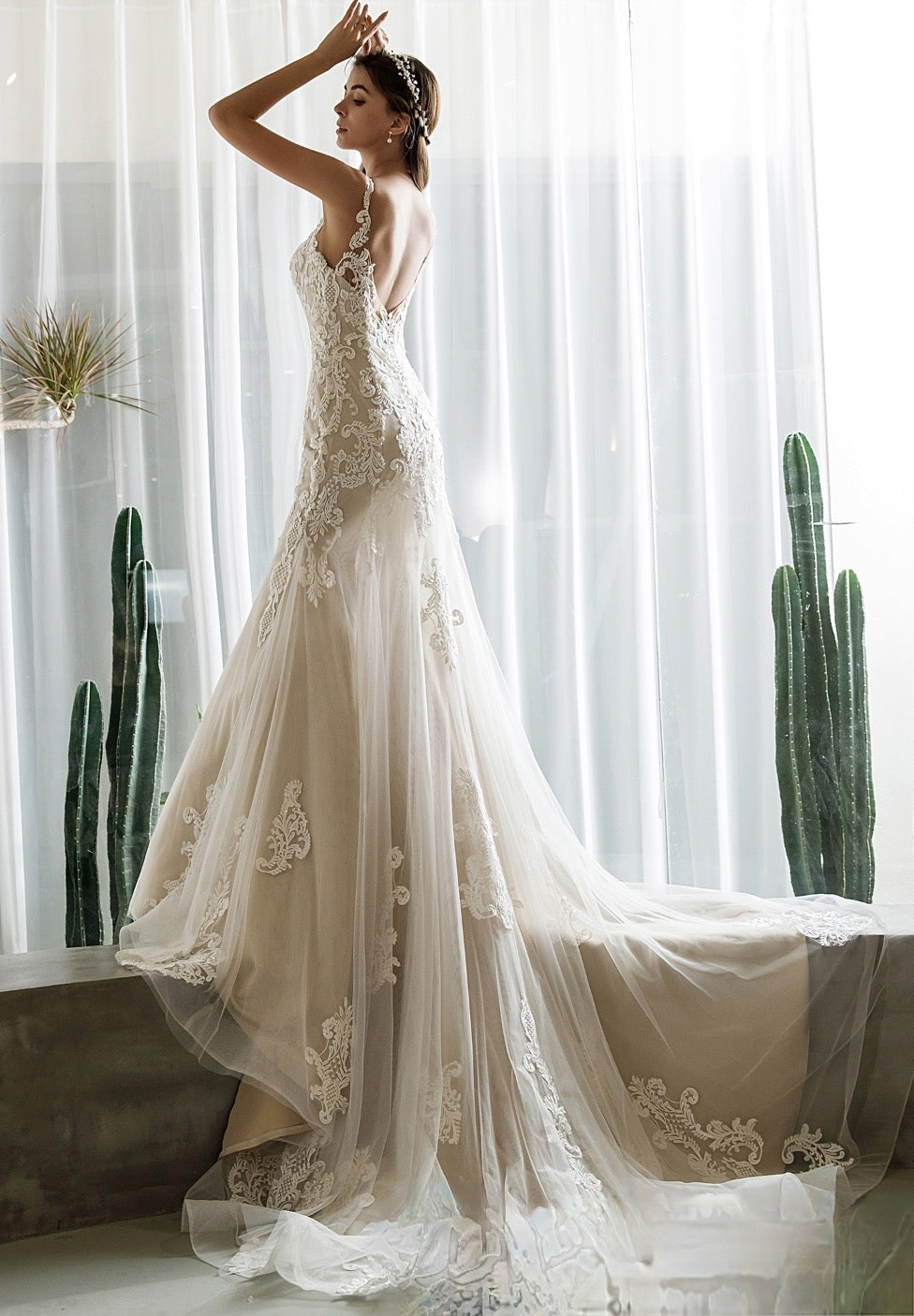 Wedding Dress Satin Lace Mermaid Bridal Gown With Court Train, Sultry and sophisticated, full of geometric lace appliqués, this fit and flare bridal gown
