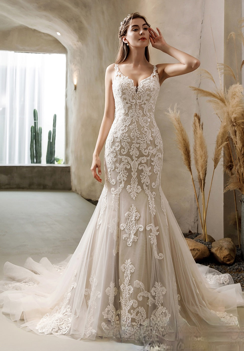 Wedding Dress Satin Lace Mermaid Bridal Gown With Court Train, Sultry and sophisticated, full of geometric lace appliqués, this fit and flare bridal gown