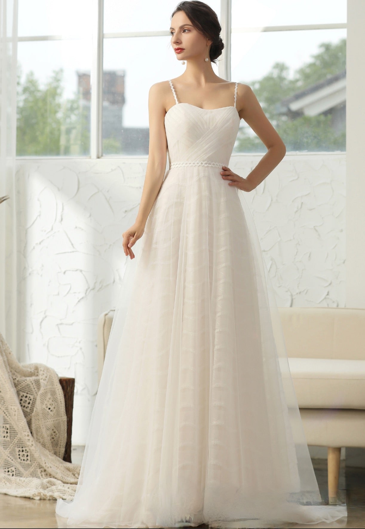 Wedding Dress Simple Pleated A-line With 3D Lace Underline