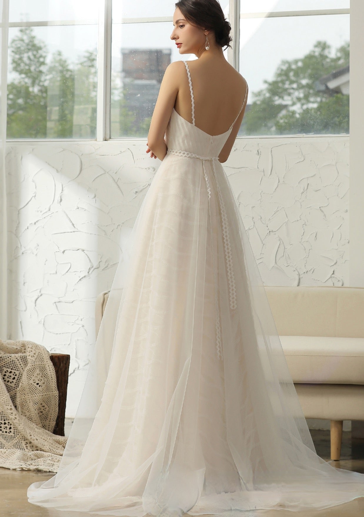 Wedding Dress Simple Pleated A-line With 3D Lace Underline