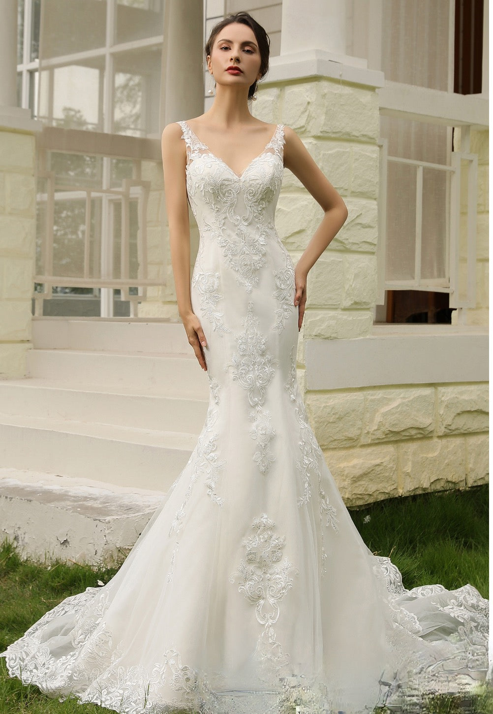 Wedding Dress Double Train Fitted Sheath Gown
