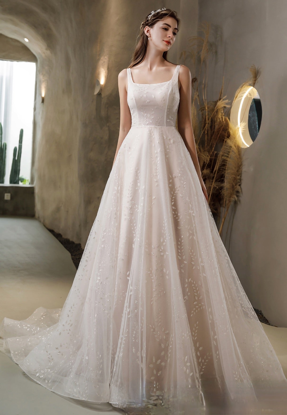 Wedding Dress A Line Satin Wedding Gown With Glitter Tulle, With a classic square neck and back, this pink nude princess style gown