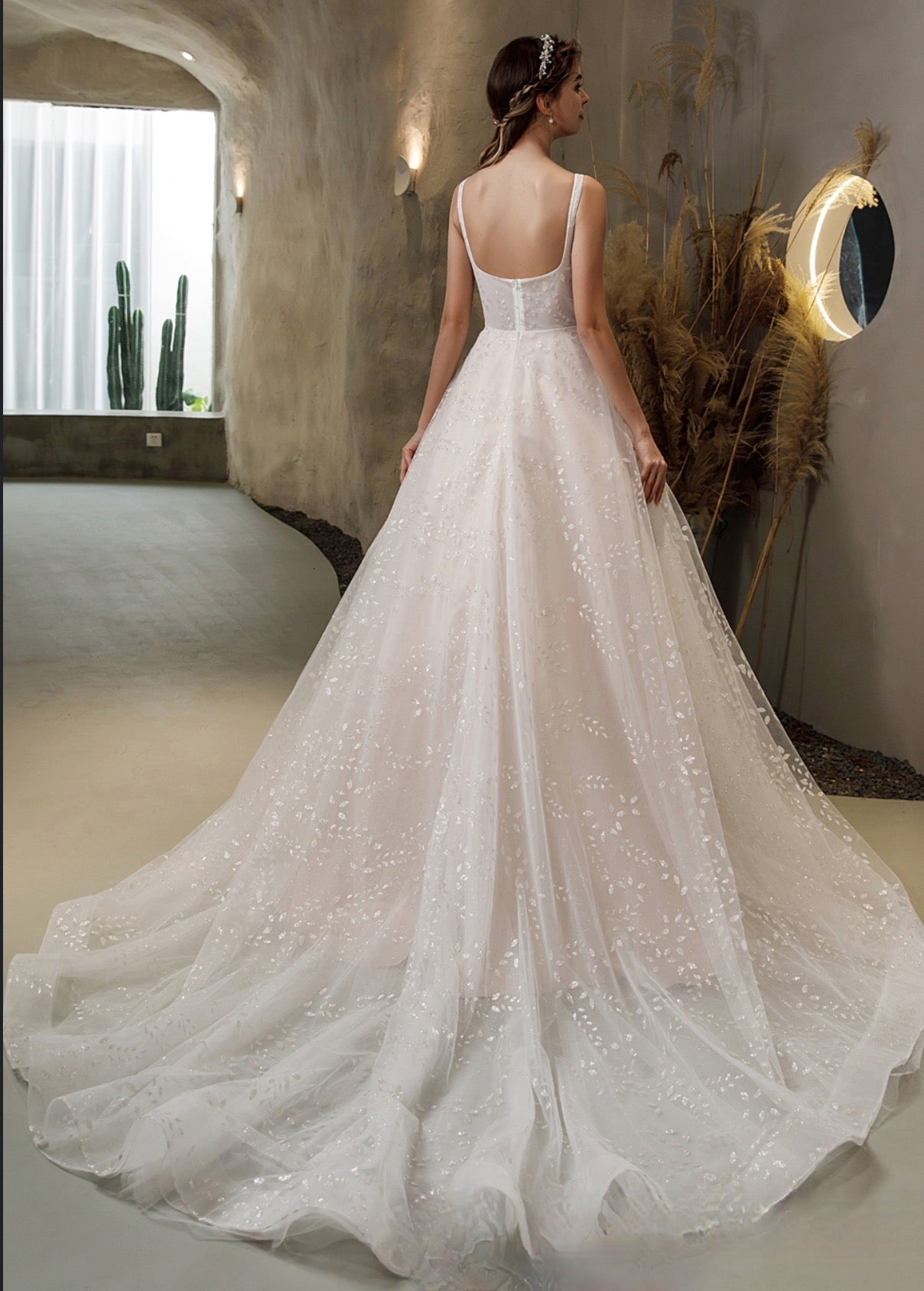 Wedding Dress A Line Satin Wedding Gown With Glitter Tulle, With a classic square neck and back, this pink nude princess style gown