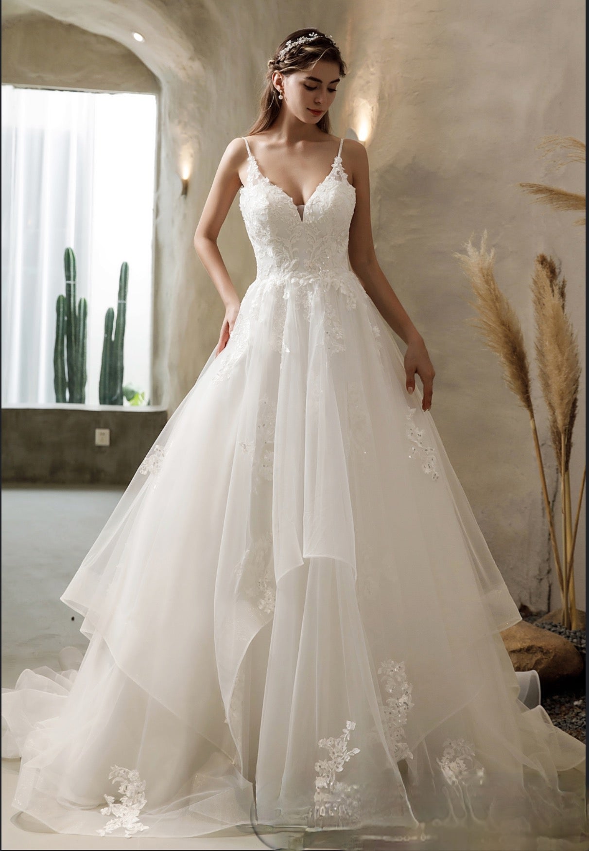 Wedding Dress Satin Bridal Gown with Lace Tiered Tulle Skirt, Ethereal and sweet, the wedding dress features beaded straps 