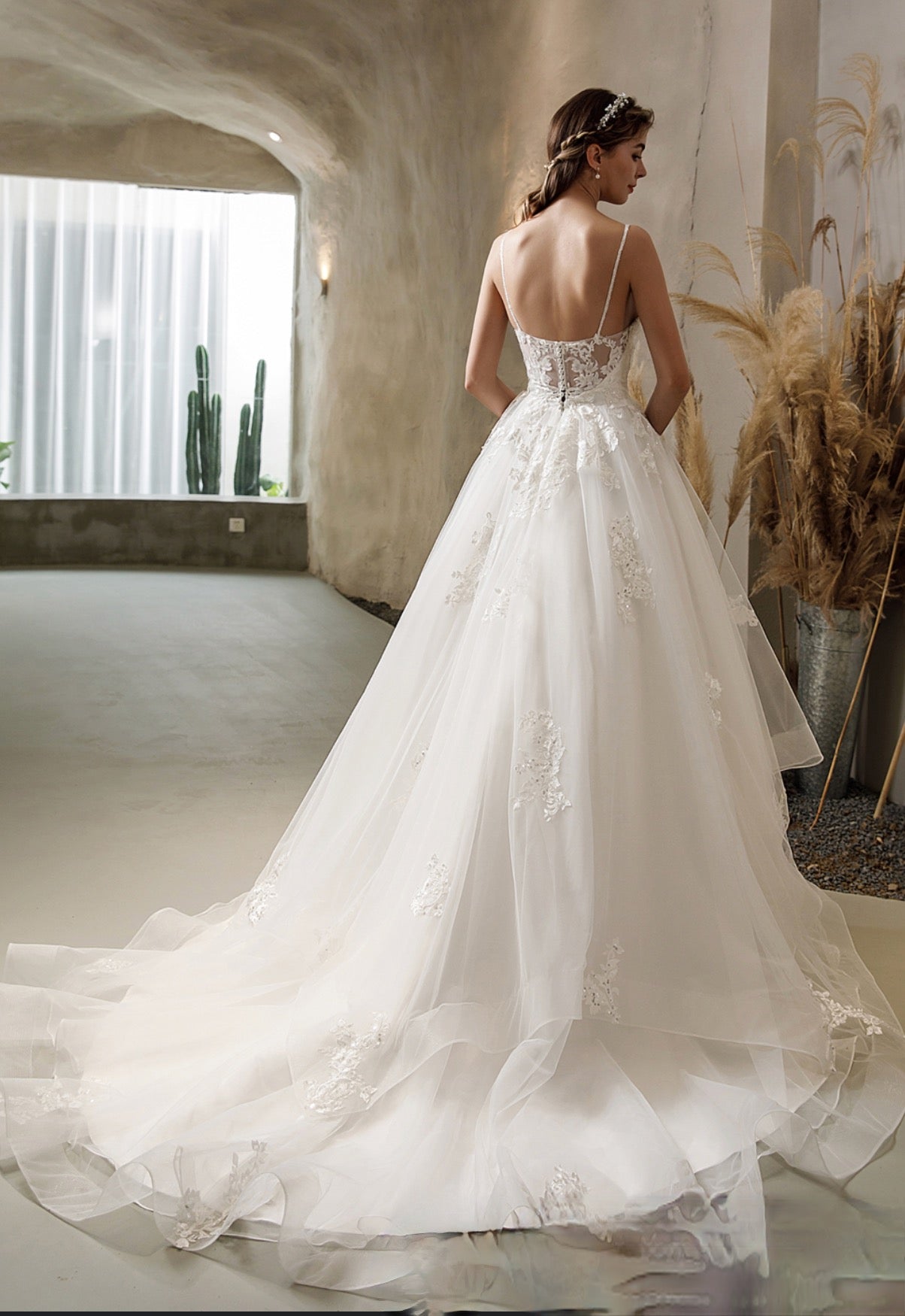 Wedding Dress Satin Bridal Gown with Lace Tiered Tulle Skirt, Ethereal and sweet, the wedding dress features beaded straps 