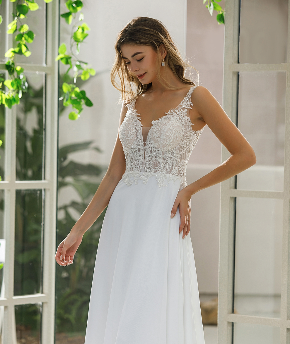 Wedding Dress Satin Lace A Line Bridal Gown With Chiffon Skirt, Crystal beaded, embroidered lace appliques accent the v-neck stunning bodice