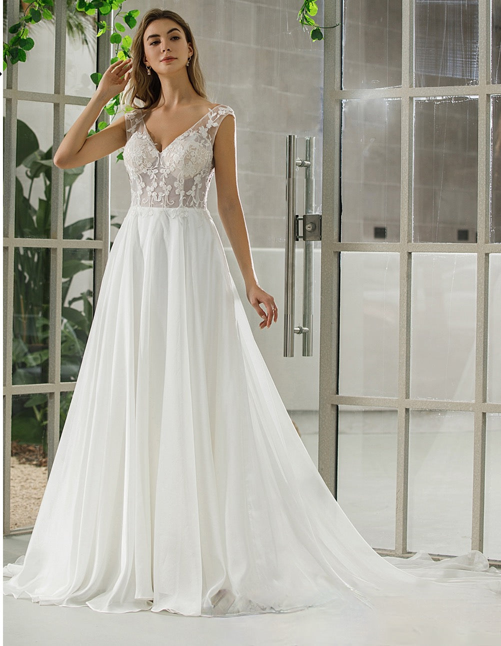 Wedding Dress Sleeveless A Line Illusion Lace Bridal Gown, Fresh and feminine, this A-line lace organza dress is embroidered with delicate floral motifs, f