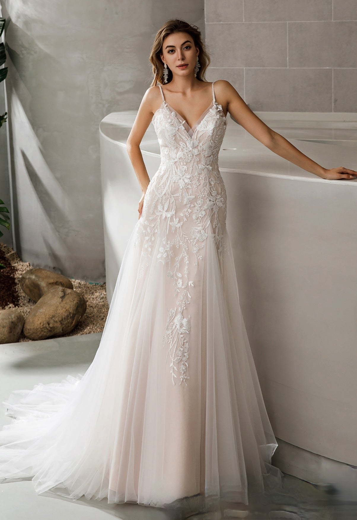Wedding Dress Lace A Line Swiss Tulle Bridal Gown, The dreamy A-line bridal gown features sheer V-neckline and beaded straps.