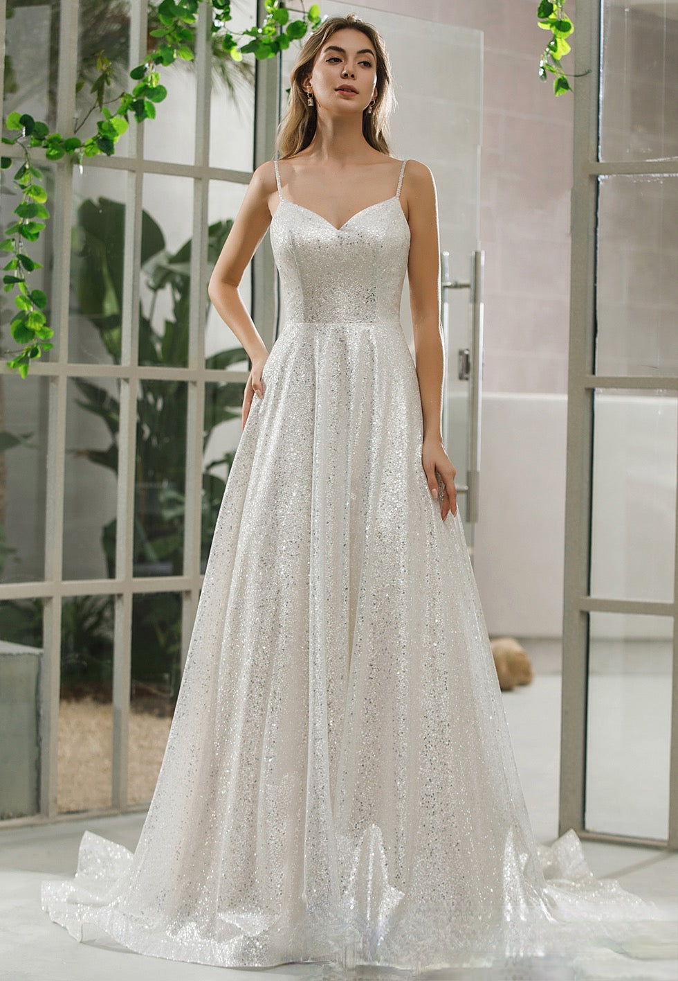 Wedding Dress Sequined Tulle Off Shoulder A Line Bridal Gown, This sequined bridal gown has all the sparkle, detachable off-the-shoulder strap and A-line skirt create a timeless feel with a sweetheart neckline and built in bra. materials: sequined tulle