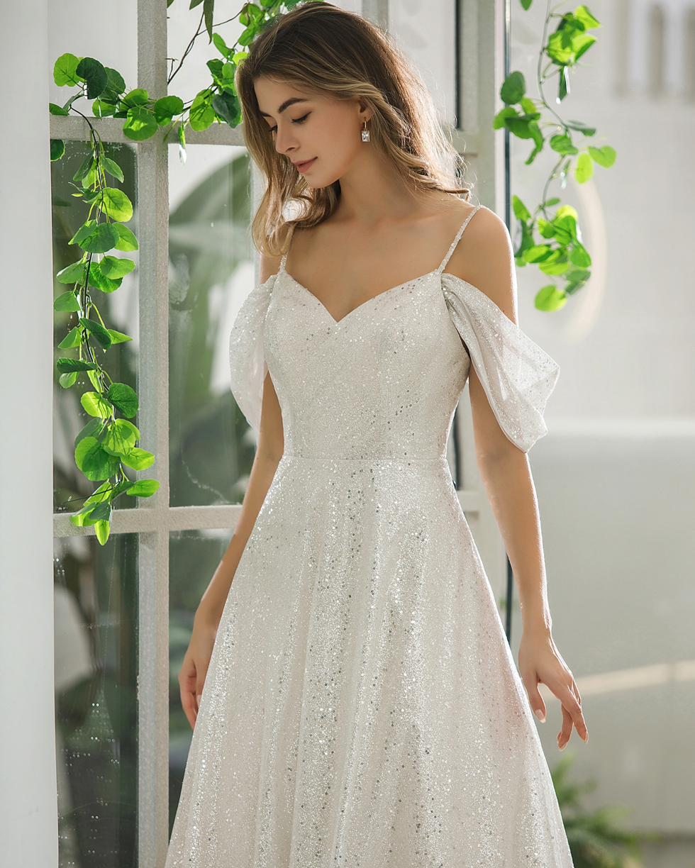 Wedding Dress Sequined Tulle Off Shoulder A Line Bridal Gown, This sequined bridal gown has all the sparkle, detachable off-the-shoulder strap and A-line skirt create a timeless feel with a sweetheart neckline and built in bra. materials: sequined tulle