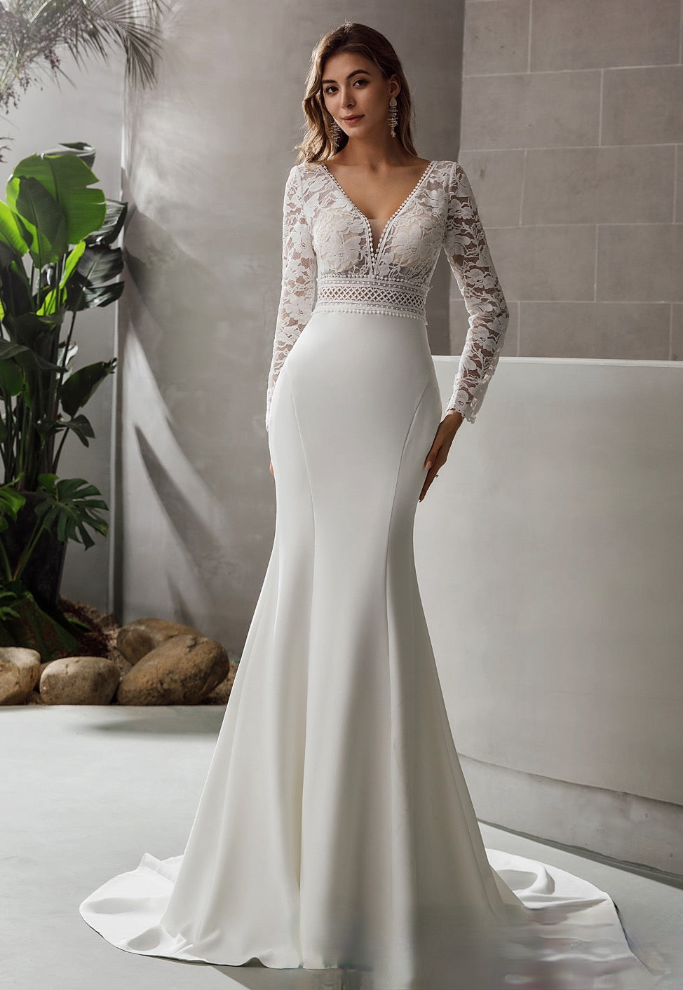 Wedding Dress Lace Crepe Trumpet Bridal Gown With Train, Fall in love with this stretch crepe long sleeve wedding dress featuring a illusion lace bodice