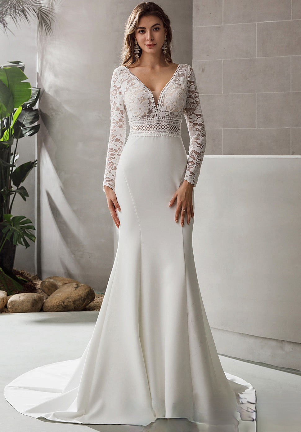 Wedding Dress Lace Crepe Trumpet Bridal Gown With Train, Fall in love with this stretch crepe long sleeve wedding dress featuring a illusion lace bodice