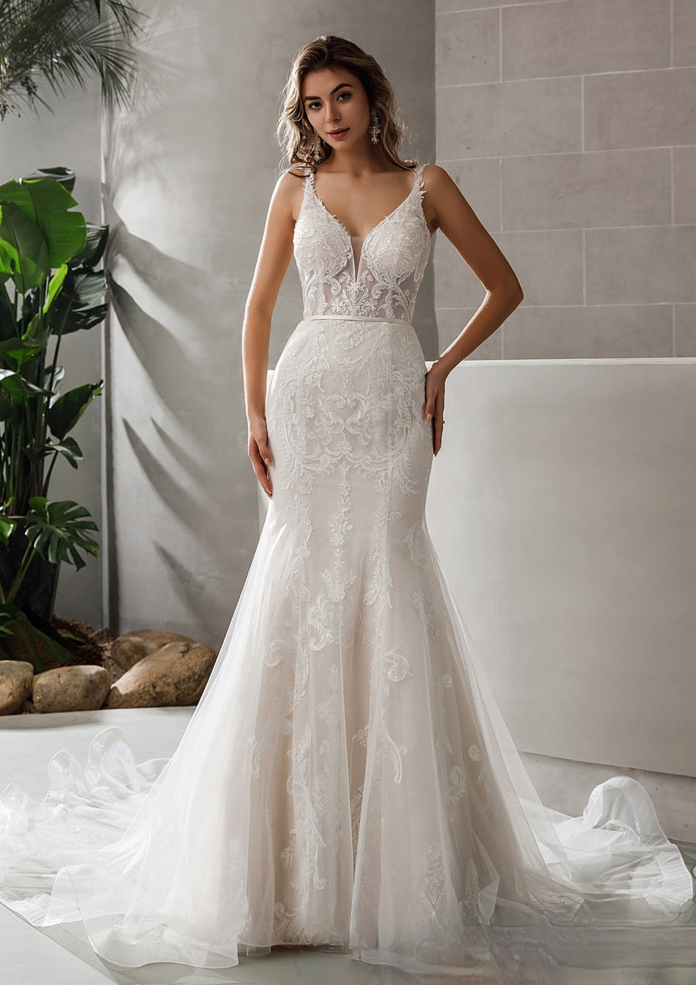Wedding Dress Trumpet Satin Lace Bridal Gown Sheer Train, Flirty and sparkling sequin details offer an intense sparkle t