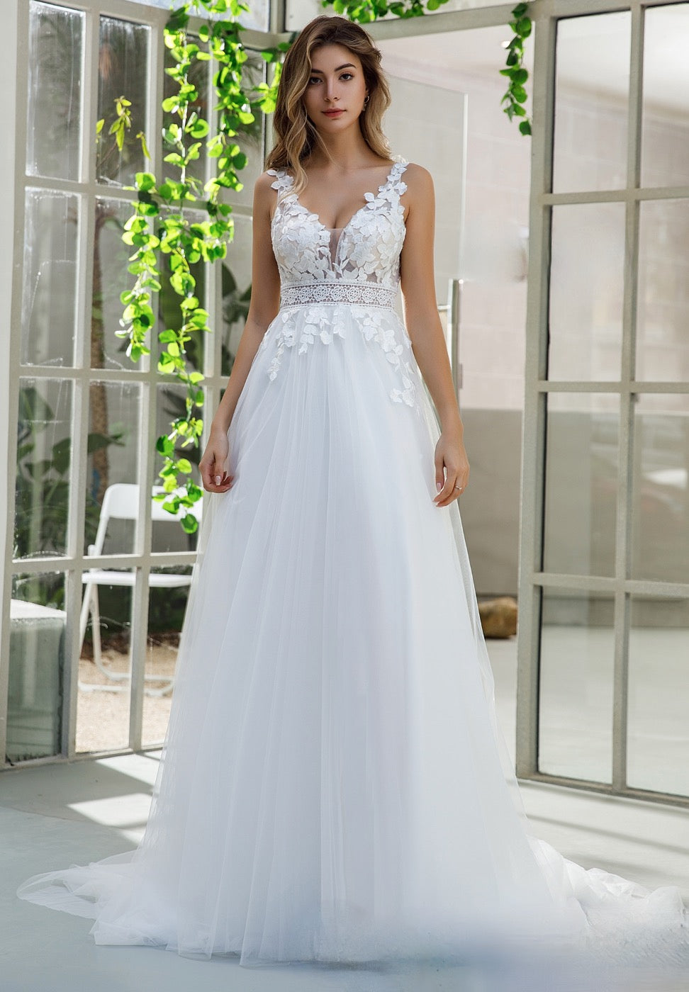 Wedding Dress Lace A Line Bridal Gown With Slit Tulle Skirt, The sensuality of flowers wrap around the bodice of this wonderful A-line dress with plunging V-neck