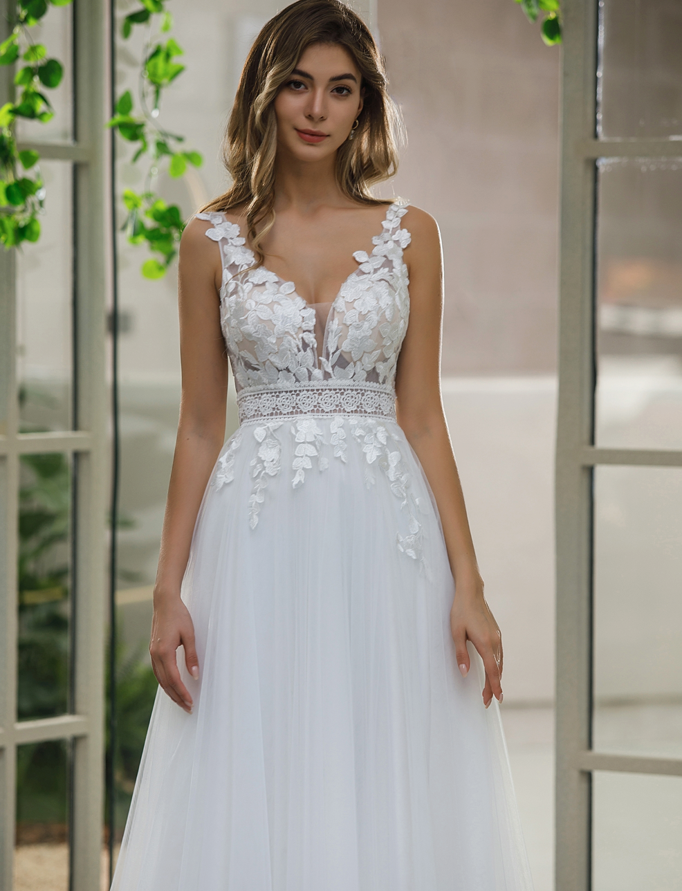 Wedding Dress Lace A Line Bridal Gown With Slit Tulle Skirt, The sensuality of flowers wrap around the bodice of this wonderful A-line dress with plunging V-neck