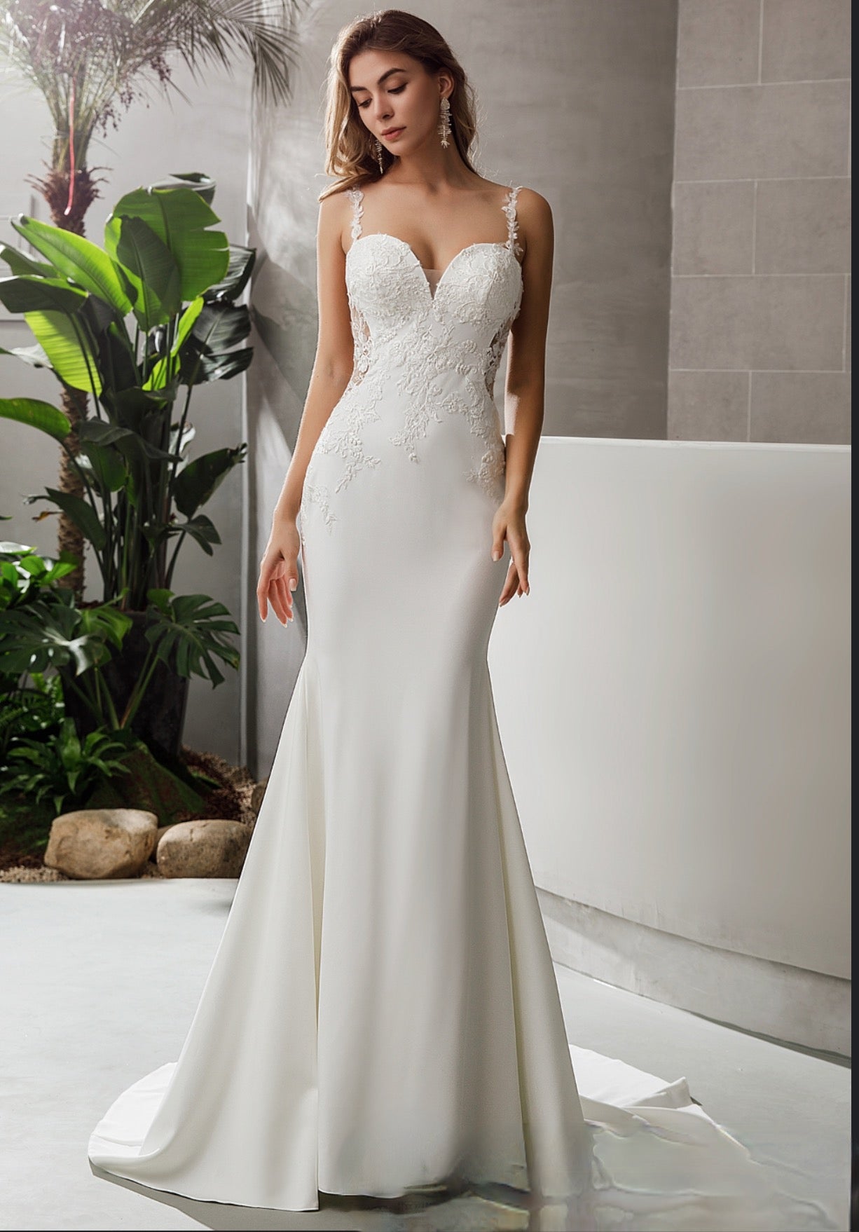 Wedding Dress Crepe Satin Illusion Lace With Train, Modern and chic crepe satin, this wedding dress features a romantic sweetheart bodice