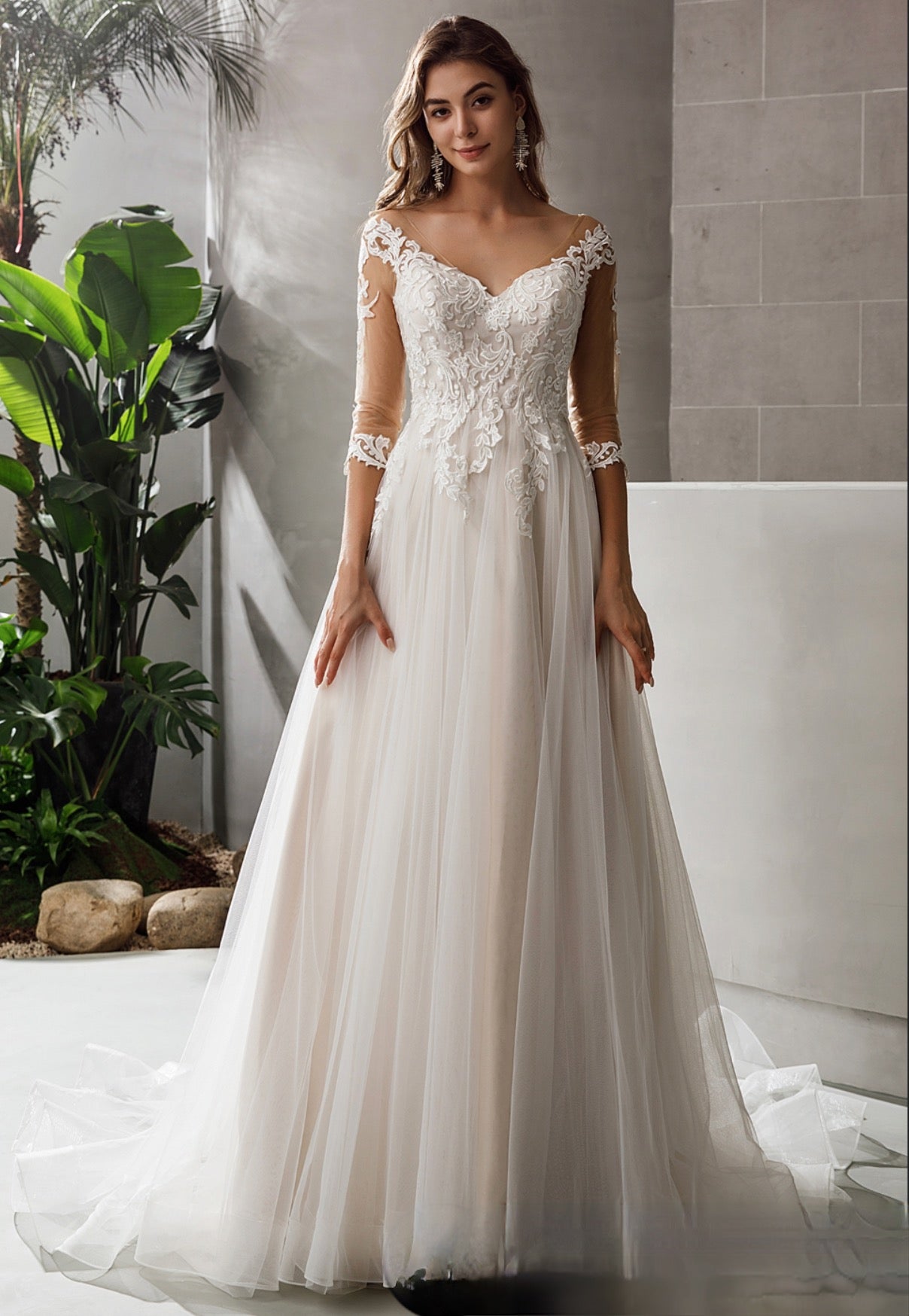 Wedding Dress Satin Lace A-line Bridal Gown With Swiss Tulle, This gorgeous tulle A-line dress with sheer 3/4 length sleeves and delicate lace appliqu
