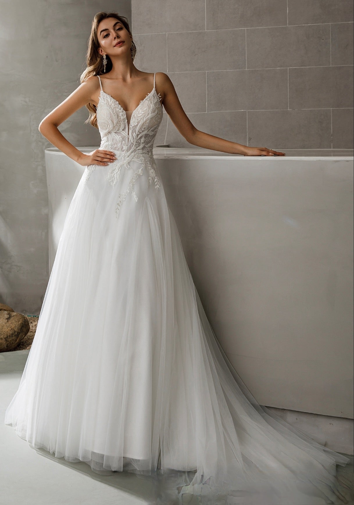 Wedding Dress Satin Tulle Beaded Bridal Gown With Train, With delicate lace details covered in sparkling beading, beautifully framing the plunging V-neckline.