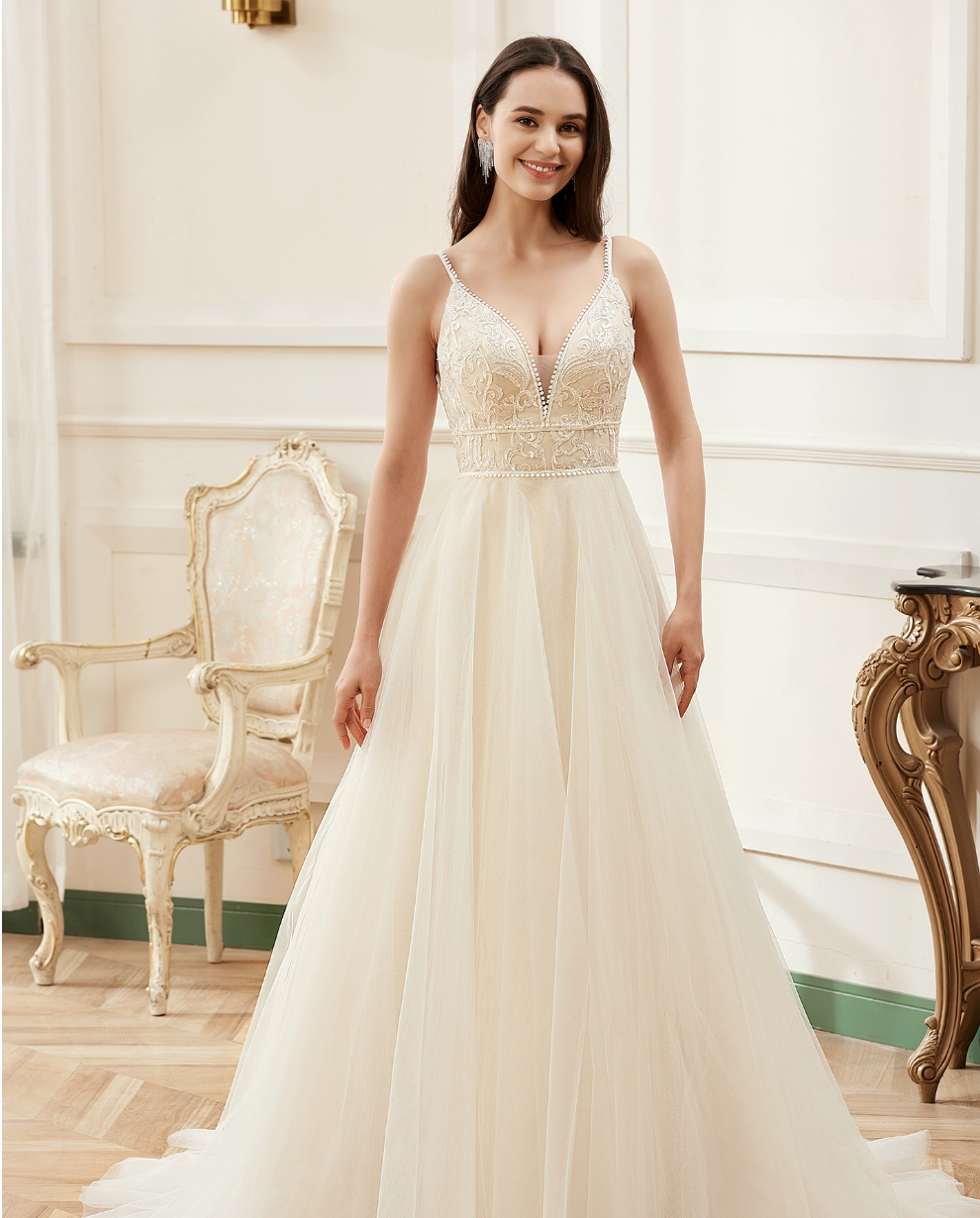 Wedding Dress Champagne Spaghetti Straps A-Line Bridal Gown