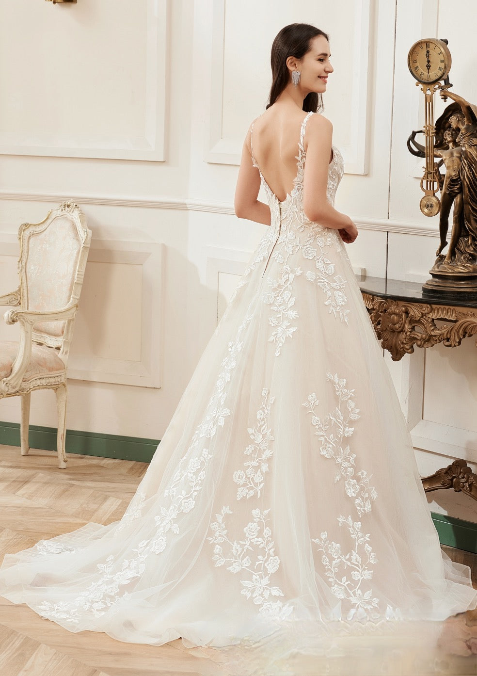 Wedding Dress A Line Floral Details With Illusion Straps 