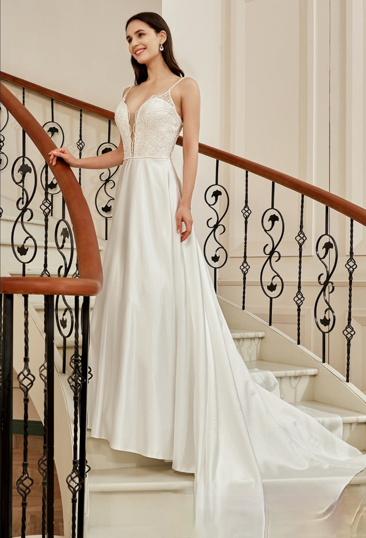 Wedding Dress Beaded Deep V-Neckline Satin A-Line Pocket