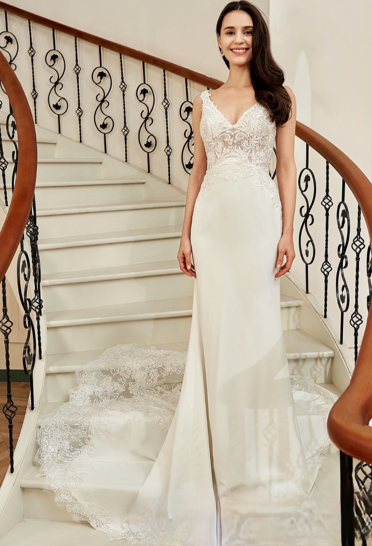 Wedding Dress Crepe Sheath Shaped Court Lace Train Gown