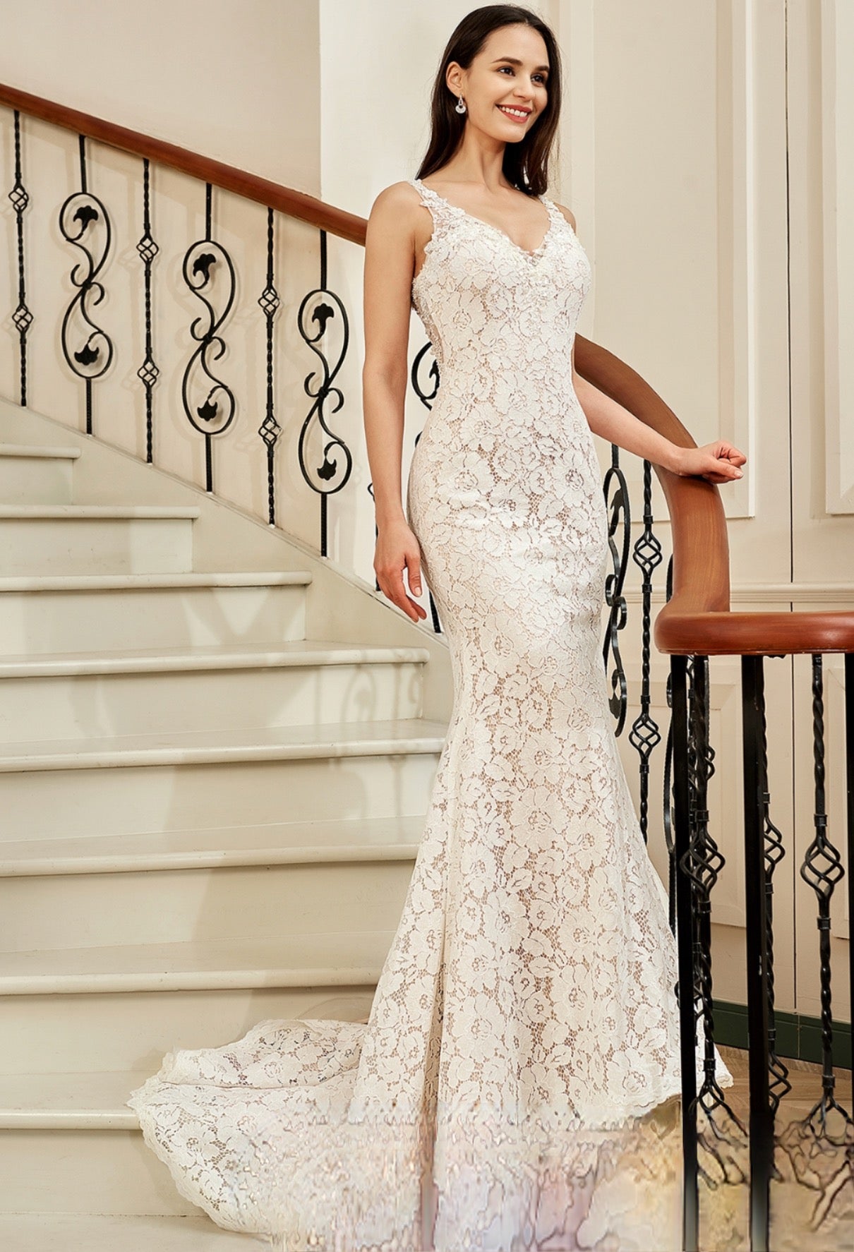 Wedding Dress Fit and Flare V-Neck Chapel Train Allover Lace