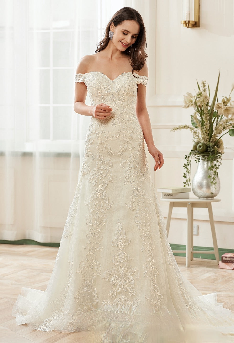 Wedding Dress Chapel Train With Embroidery Lace Bridal Gown