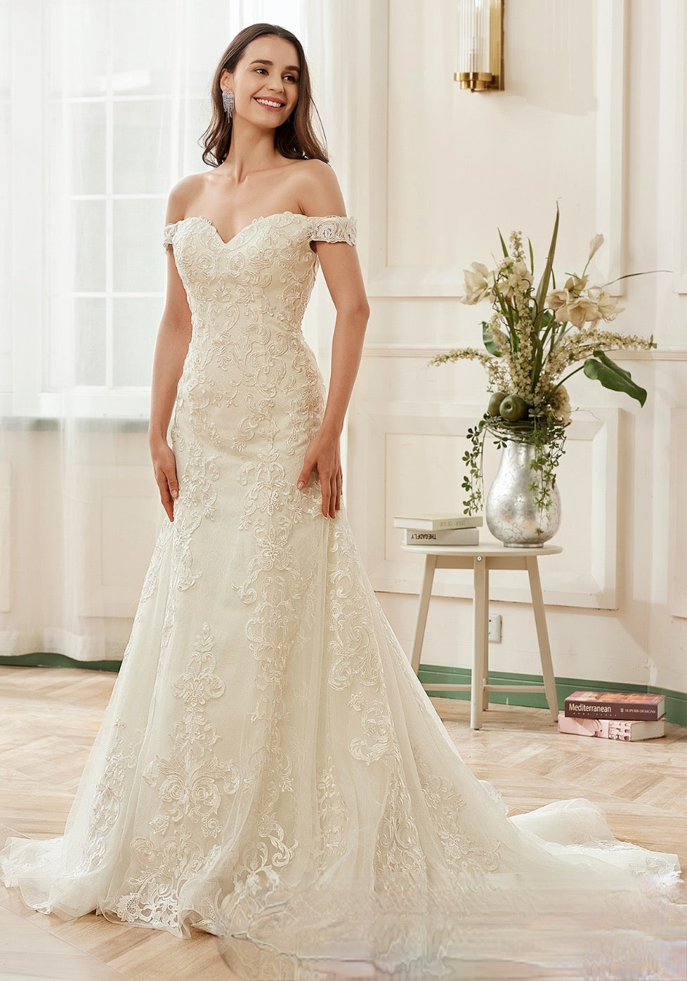 Wedding Dress Chapel Train With Embroidery Lace Bridal Gown
