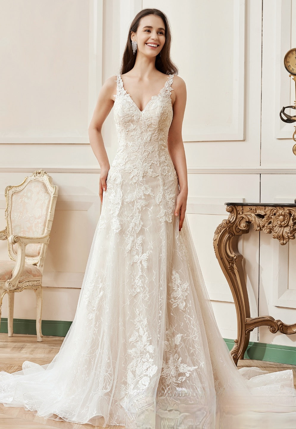 Wedding Dress A-Line V-neck Floral Court Train Bridal Gown