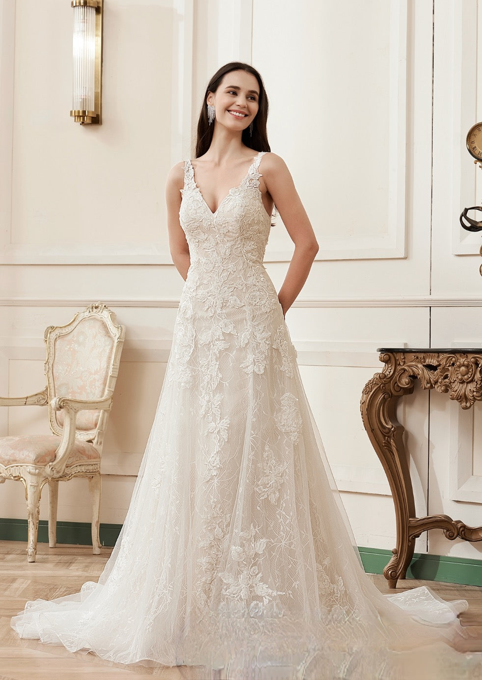 Wedding Dress A-Line V-neck Floral Court Train Bridal Gown