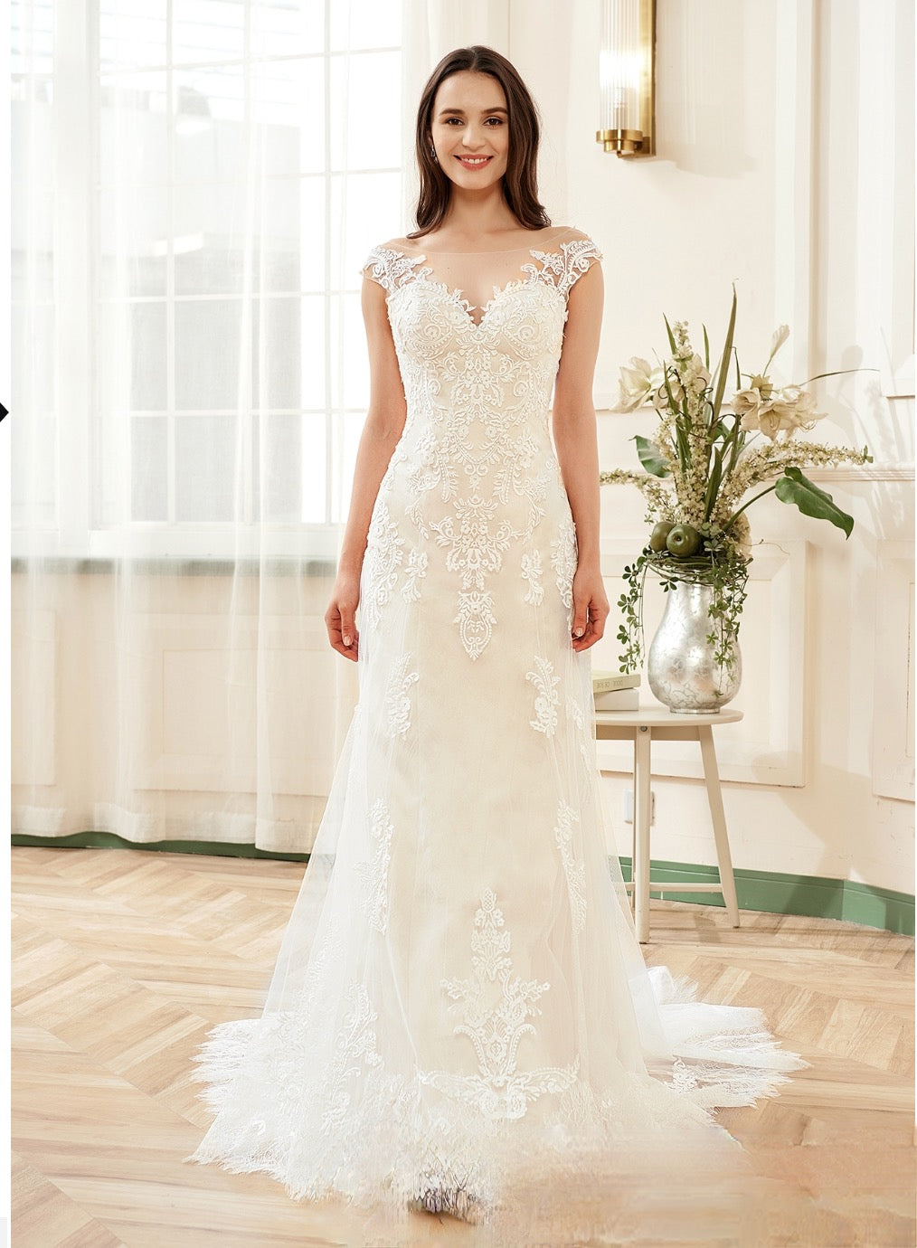 Wedding Dress Illusion Lace Bateau Neckline With Cap Sleeve 
