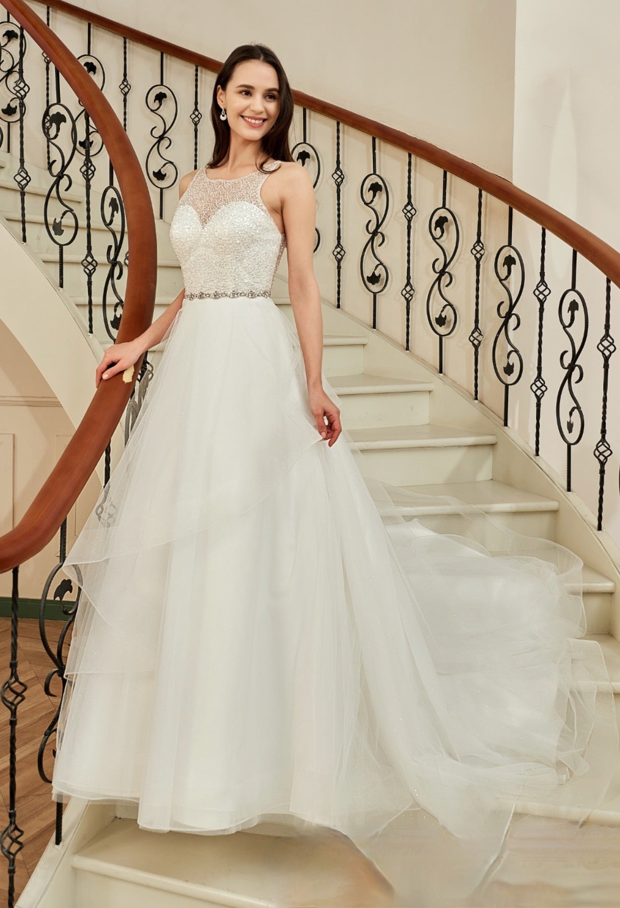 Wedding Dress Shining Bodice Keyhole Back Ruffle Tulle Skirt