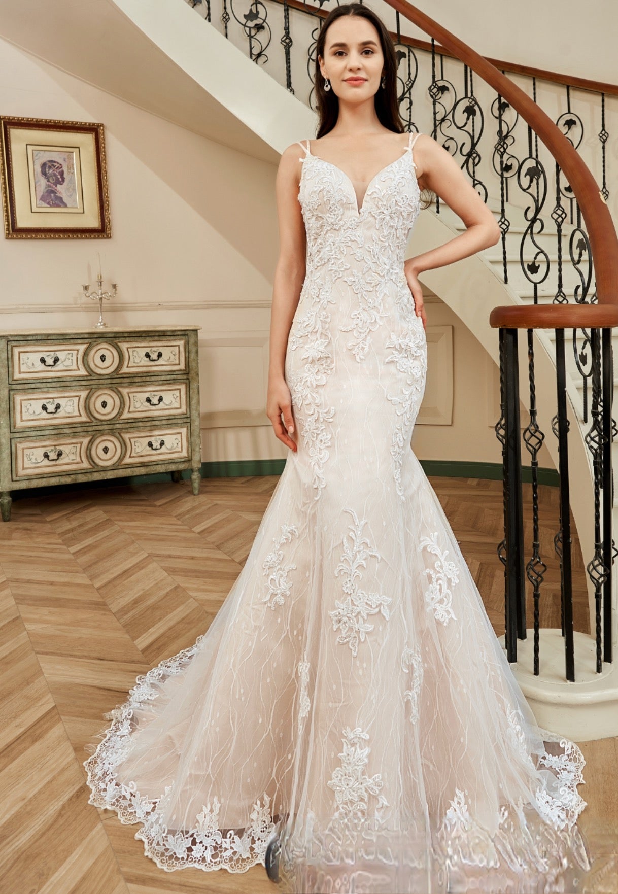 Wedding Dress Fit And Flare With Beaded Straps Floral Lace 