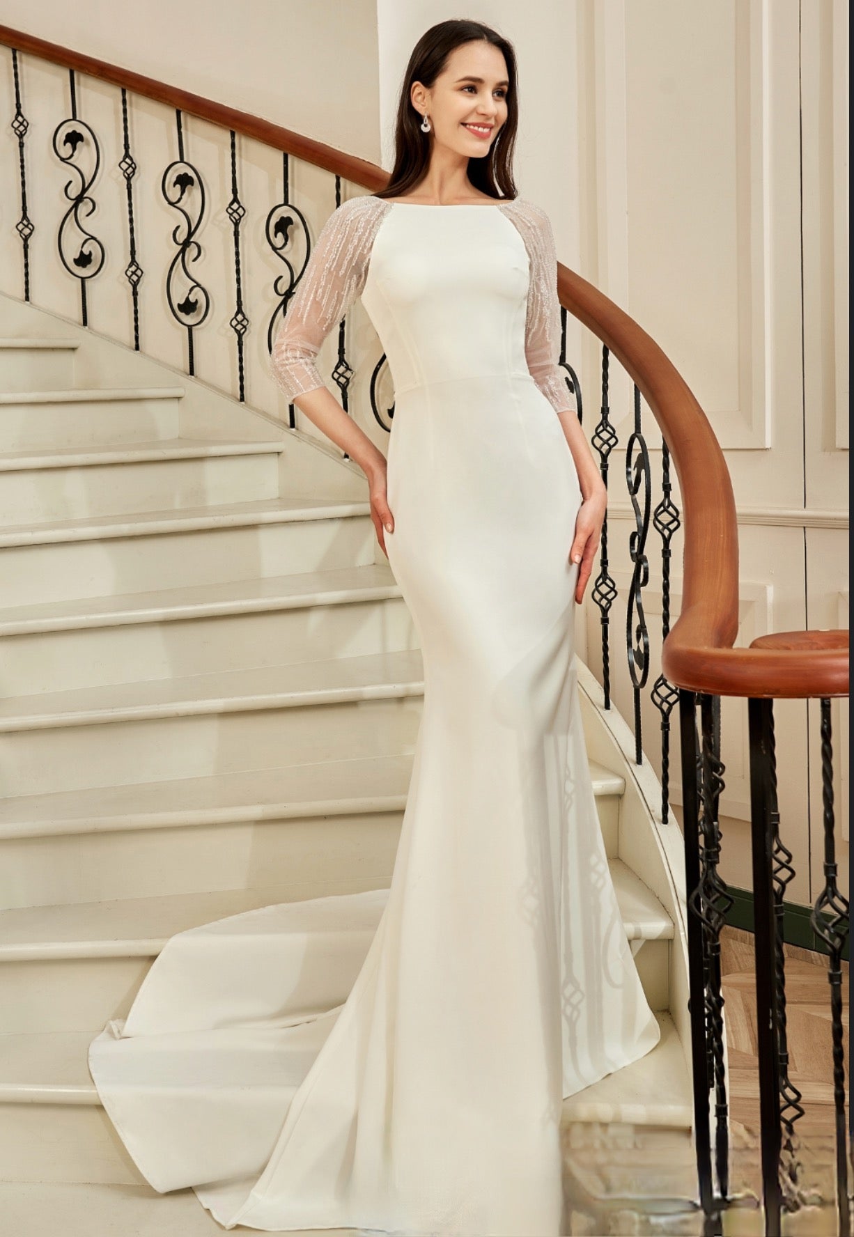 Wedding Dress Bateau Neckline With Beaded Illusion Back Gown