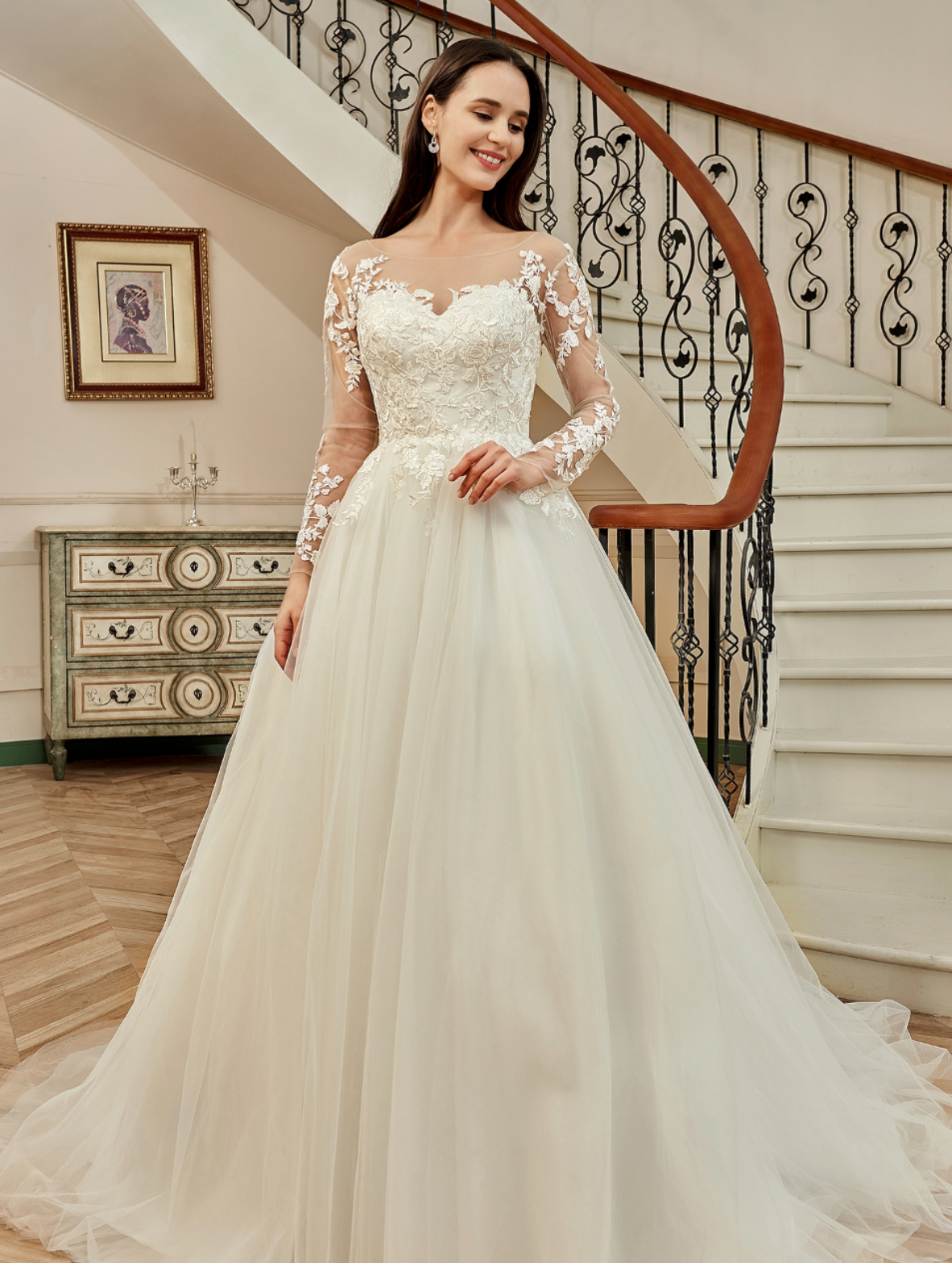 Wedding Dress Illusion Long Sleeve Chapel Train Lace