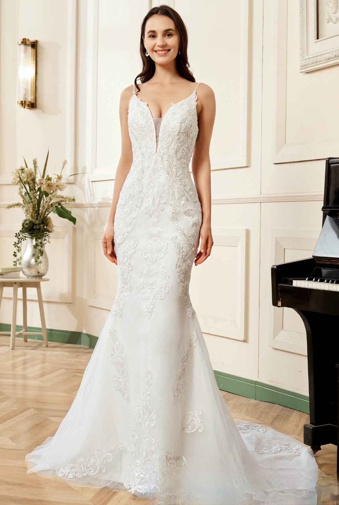 Wedding Dress Plunging V-Neck Embroidered Lace Court Train