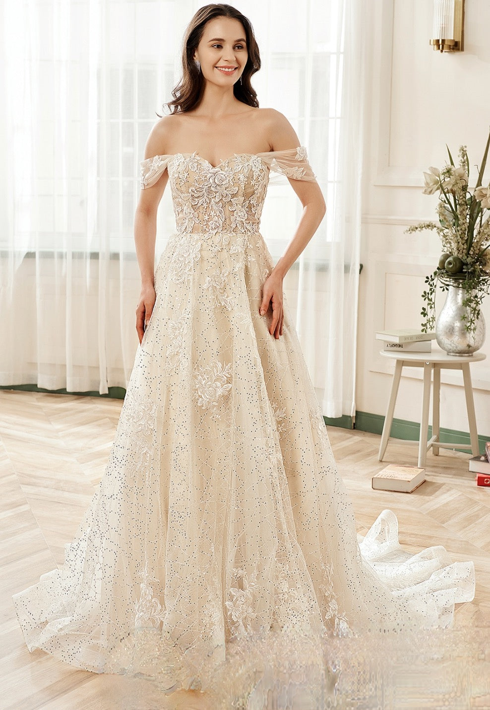 Wedding Dress Floral Lace Sequin Tulle Detachable Straps