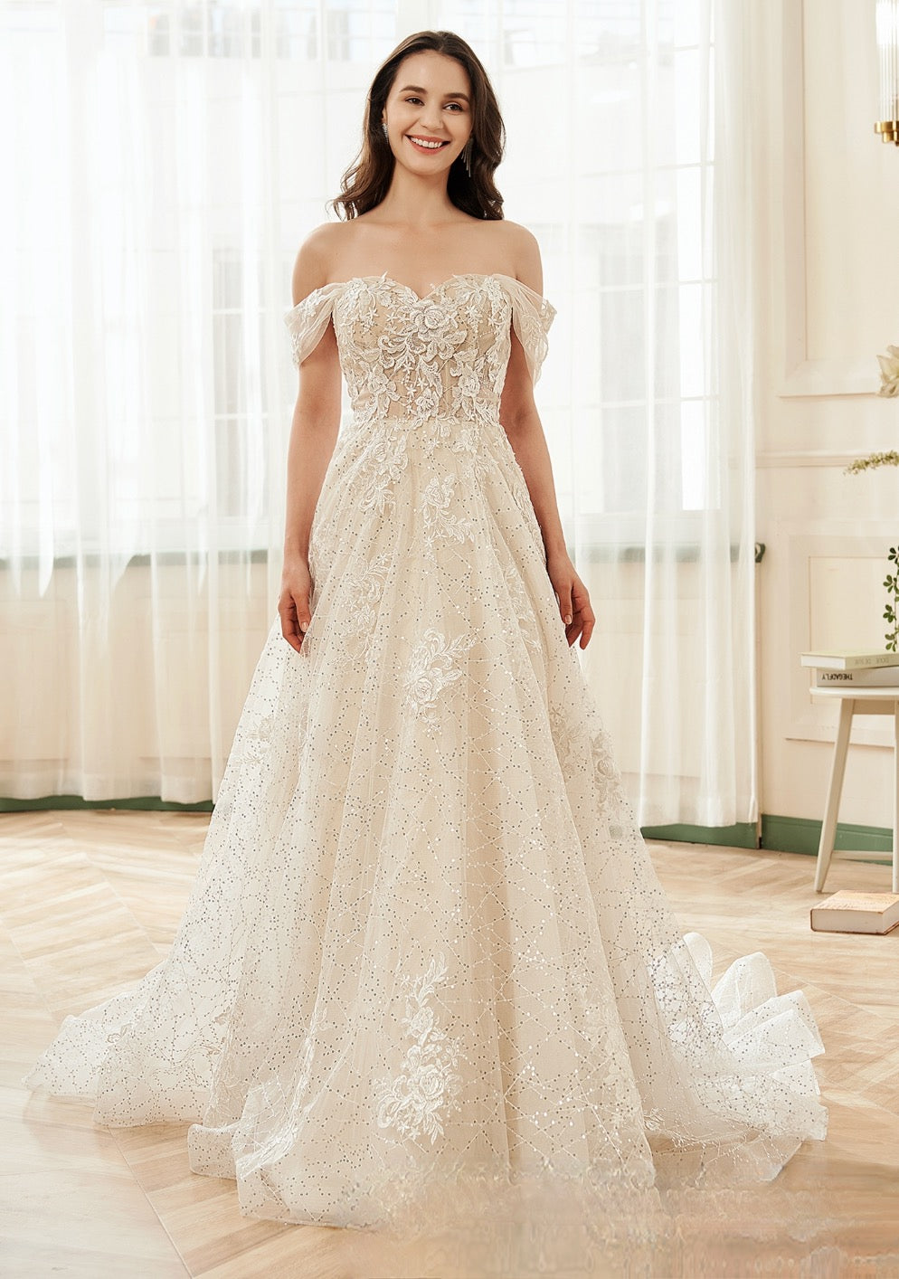 Wedding Dress Floral Lace Sequin Tulle Detachable Straps