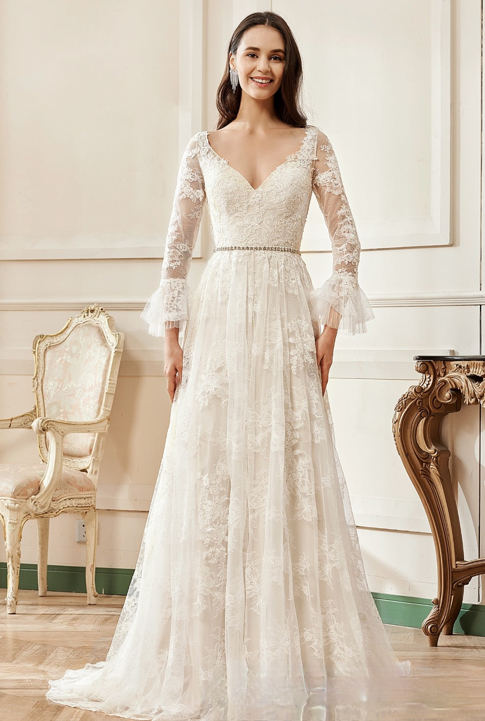 Wedding Dress A-Line Chapel Train With Flare Long Sleeve 