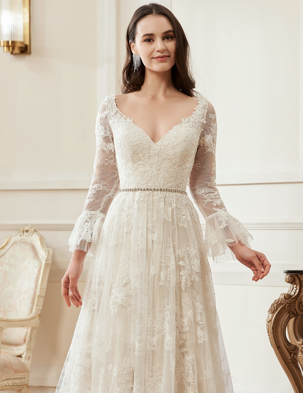 Wedding Dress A-Line Chapel Train With Flare Long Sleeve 
